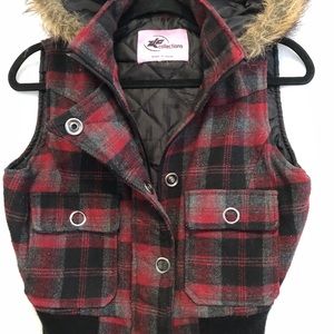 Red and black vest with fur hood